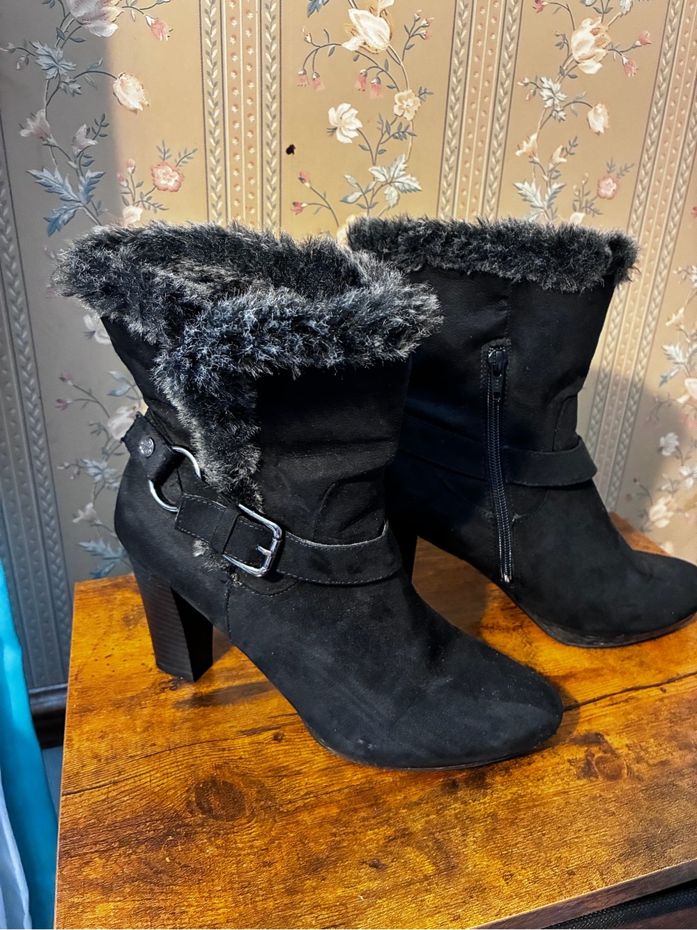 & Other Stories Black Faux-Fur Trim Heeled Ankle Boots